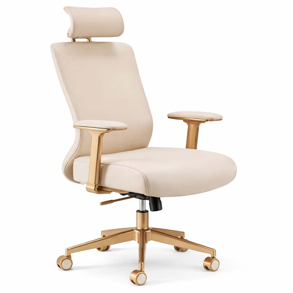 Silla ejecutiva beige con reposacabezas y base dorada-livaroe